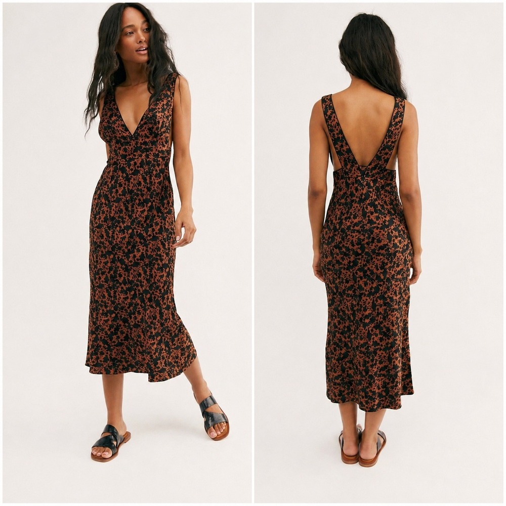 Free People Ohhla La Midi Dress Boho Floral V-Neck Open Back Whimsigoth Size 6